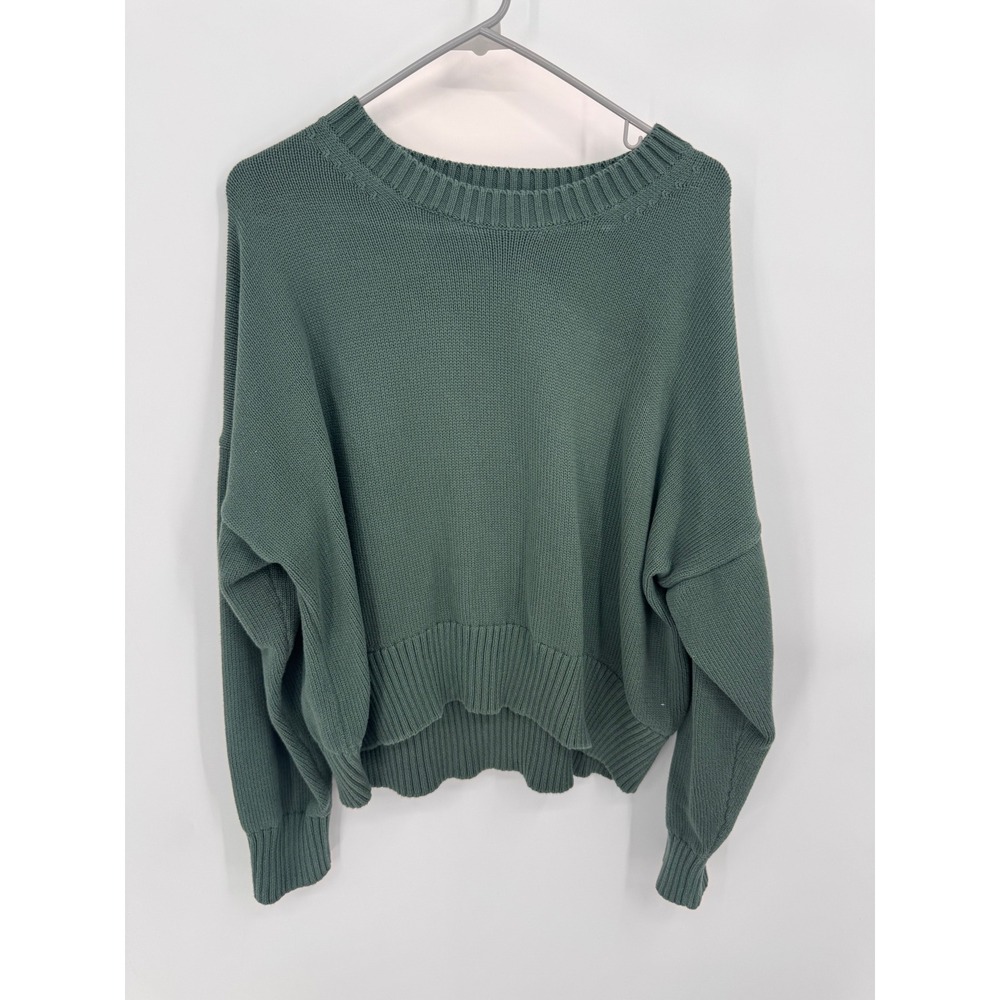 Quince Boyfriend Crew Sweater Women L Big Sur Green Organic Cotton Knit